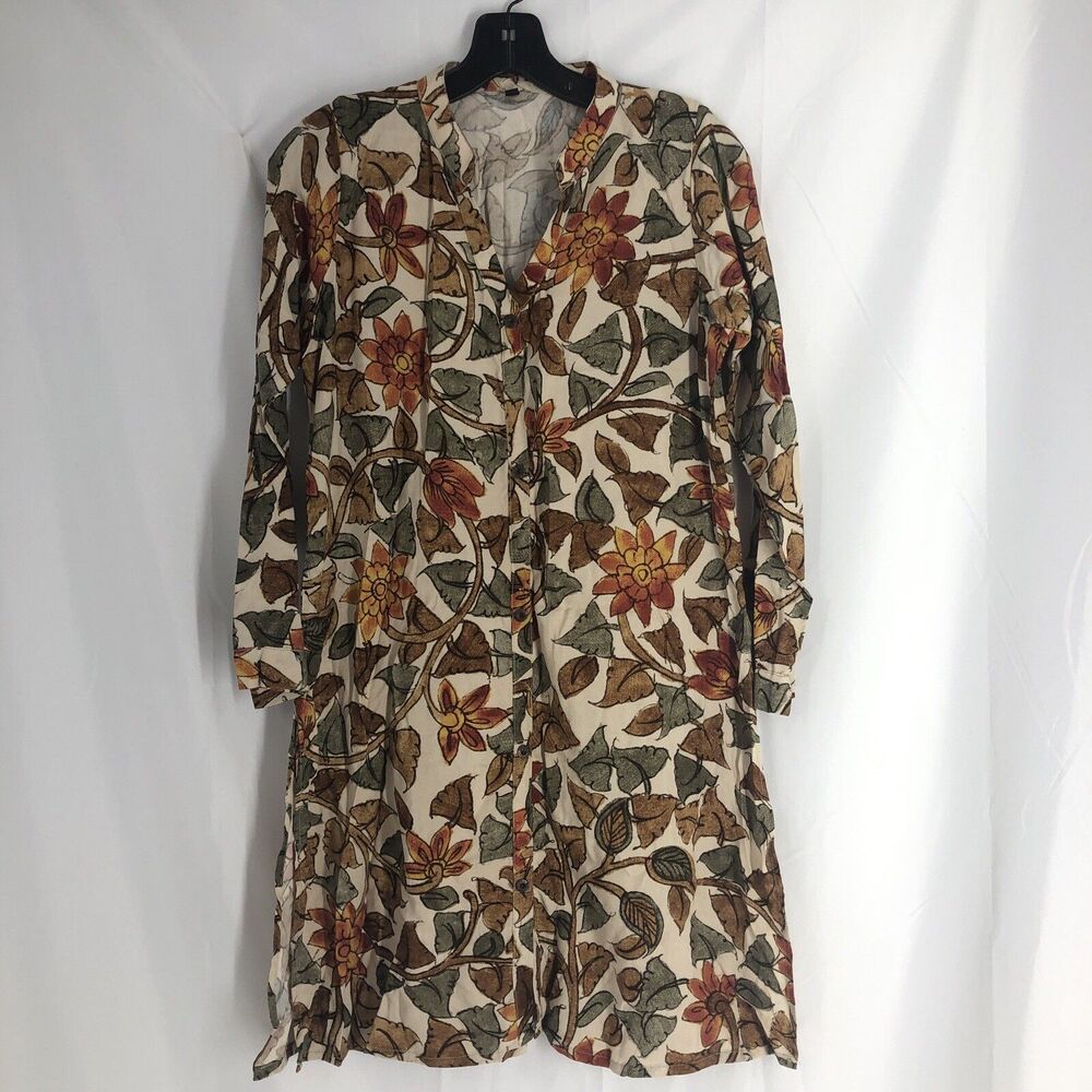 Blouse Tunic Size 38 Button Up Floral Long Sleeve Side Slits V Neck